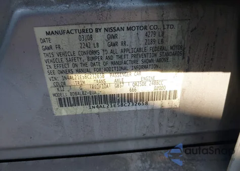 2008 Nissan Altima 2.5 z USA, uszkodzony, nr VIN 1N4AL21E58C232658